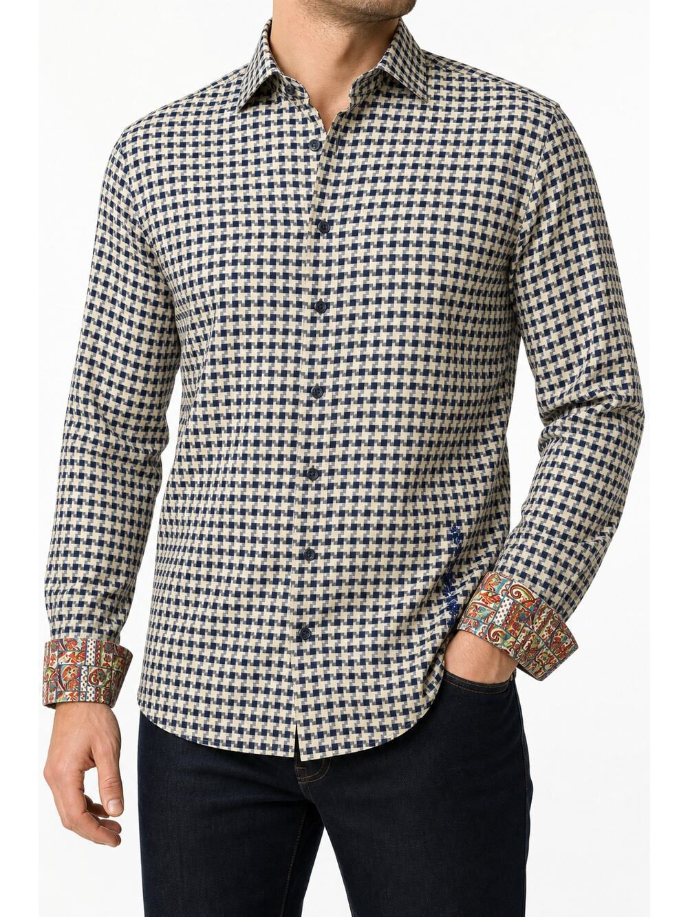 Robert Graham Mens 100% Cotton Button Down Shirt Geometric Paisley Cuffs Medium